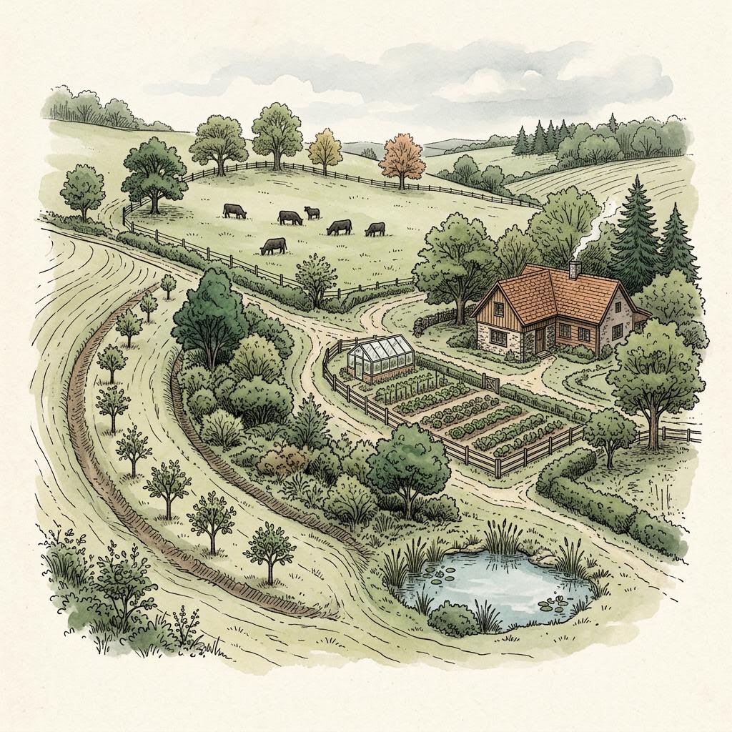 Illustration of a sloping homestead with contour lines, a pond, a swale planted with fruit trees and cattle grazing under trees