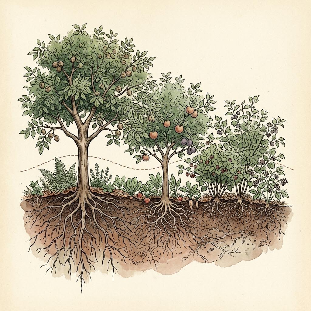 Illustrated cross-section of food forest layers from canopy tree to groundcover and roots
